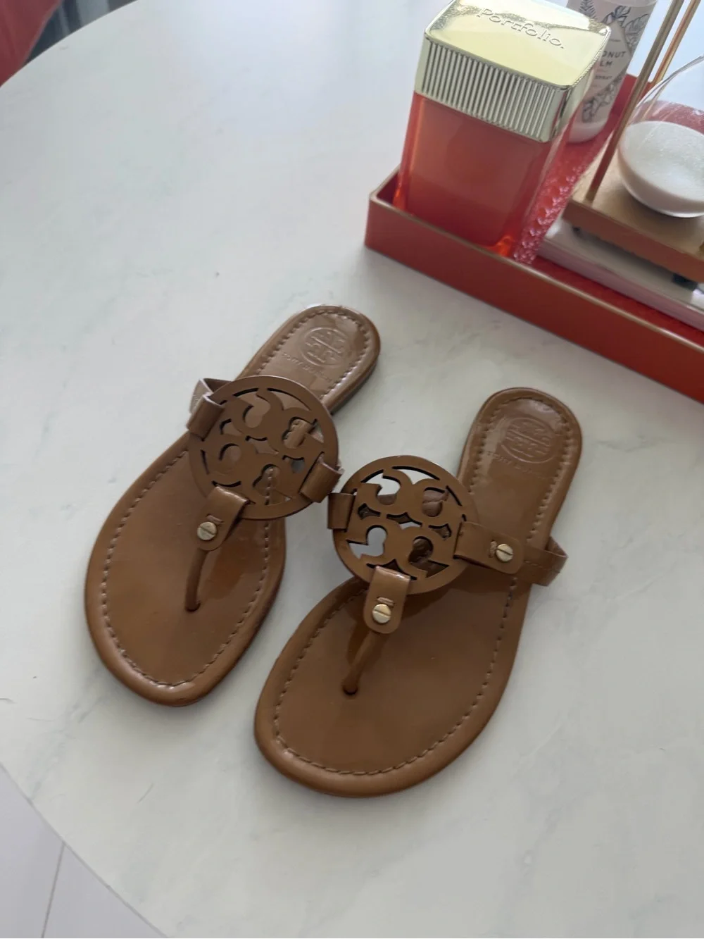 Tory Burch Miller Patent Leather Sandals Tan Nude